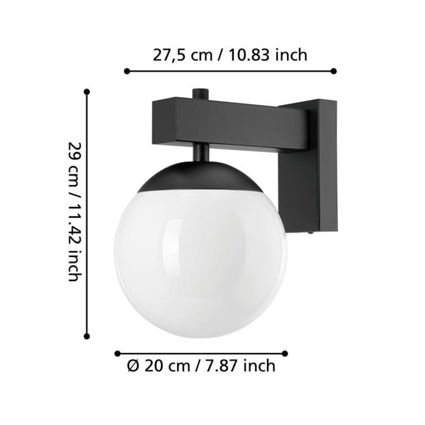 Aplique de exterior BUFALATA, negro con globo blanco, E27, IP44