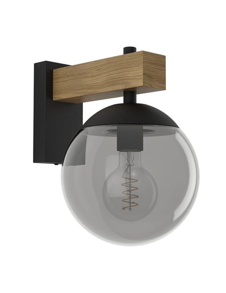 Luminária de parede externa BUFALATA com globo fumê e base de madeira, E27, IP44