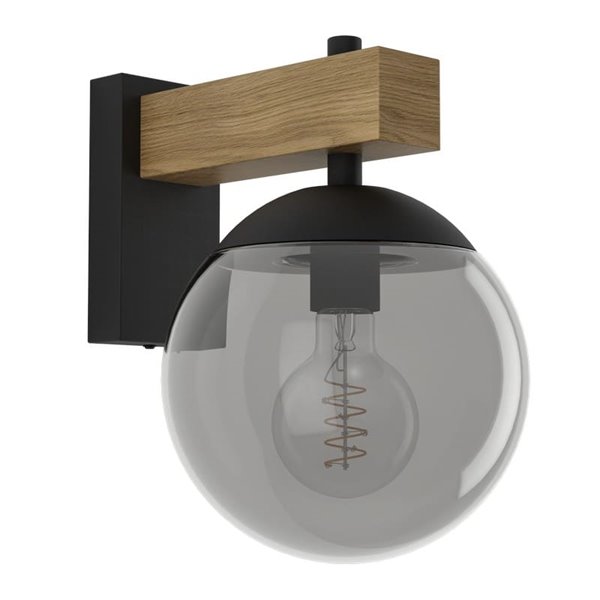 Aplique exterior BUFALATA con globo ahumado y base madera, E27, IP44