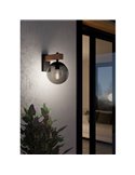 Aplique exterior BUFALATA con globo ahumado y base madera, E27, IP44