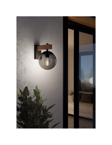 Aplique exterior BUFALATA con globo ahumado y base madera, E27, IP44