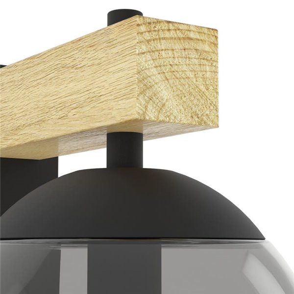 Aplique exterior BUFALATA con globo ahumado y base madera, E27, IP44