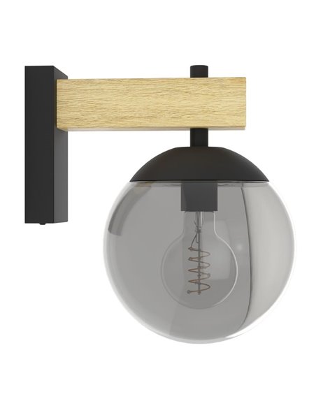 Aplique exterior BUFALATA con globo ahumado y base madera, E27, IP44