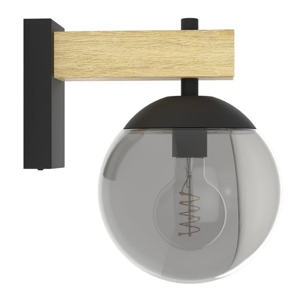 Aplique exterior BUFALATA con globo ahumado y base madera, E27, IP44