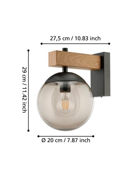 Aplique exterior BUFALATA con globo ahumado y base madera, E27, IP44