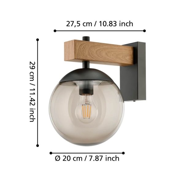 Aplique exterior BUFALATA con globo ahumado y base madera, E27, IP44