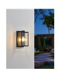Luminária de parede externa BUDRONE em aço preto com corpo de vidro, E27, IP44