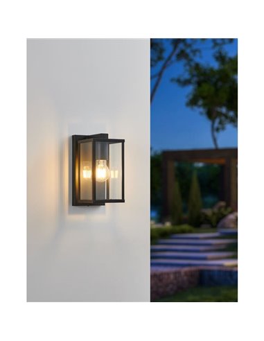 Aplique de pared exterior en acero negro BUDRONE, con carcasa de vidrio, E27, IP44