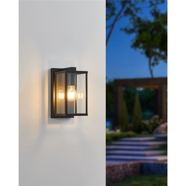 Luminária de parede externa BUDRONE em aço preto com corpo de vidro, E27, IP44