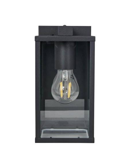 Luminária de parede externa BUDRONE em aço preto com corpo de vidro, E27, IP44