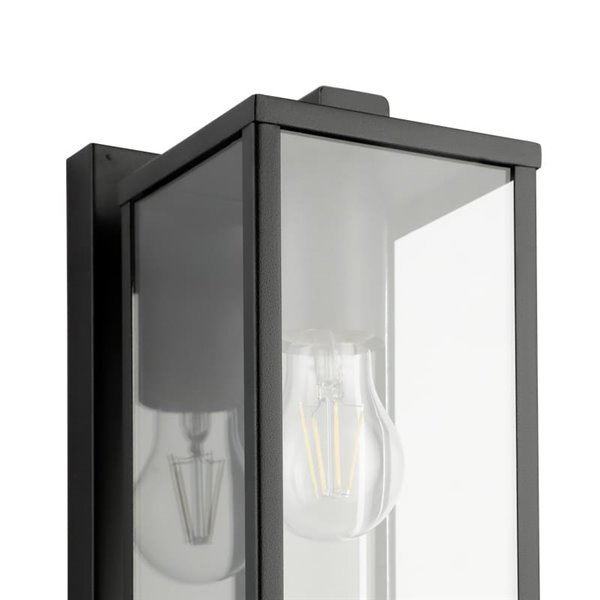 Luminária de parede externa BUDRONE em aço preto com corpo de vidro, E27, IP44