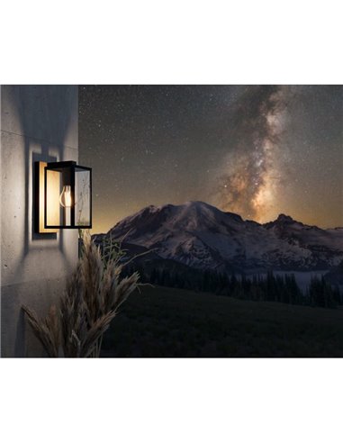 Aplique de pared exterior con base madera BUDRONE, carcasa de vidrio, E27, IP44