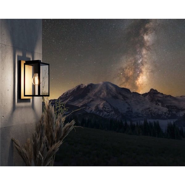 Aplique de pared exterior con base madera BUDRONE, carcasa de vidrio, E27, IP44