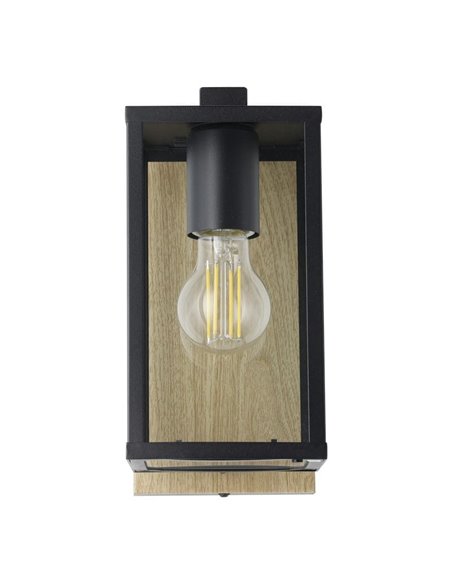 Aplique de pared exterior con base madera BUDRONE, carcasa de vidrio, E27, IP44