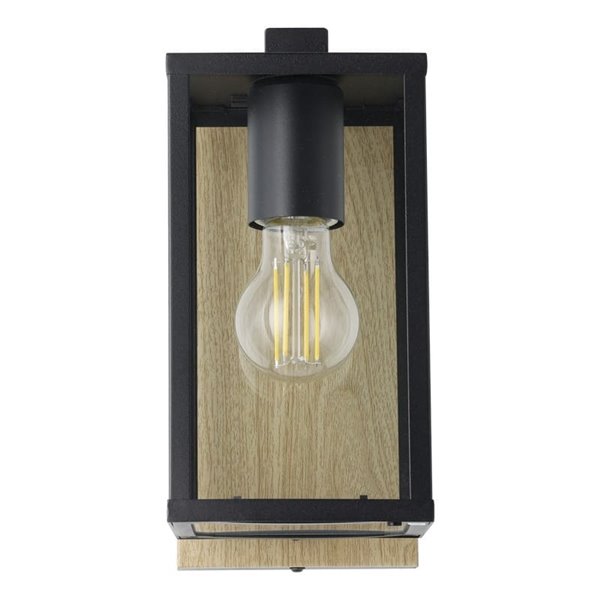 Aplique de pared exterior con base madera BUDRONE, carcasa de vidrio, E27, IP44
