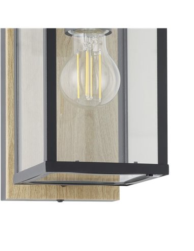 Aplique de pared exterior con base madera BUDRONE, carcasa de vidrio, E27, IP44