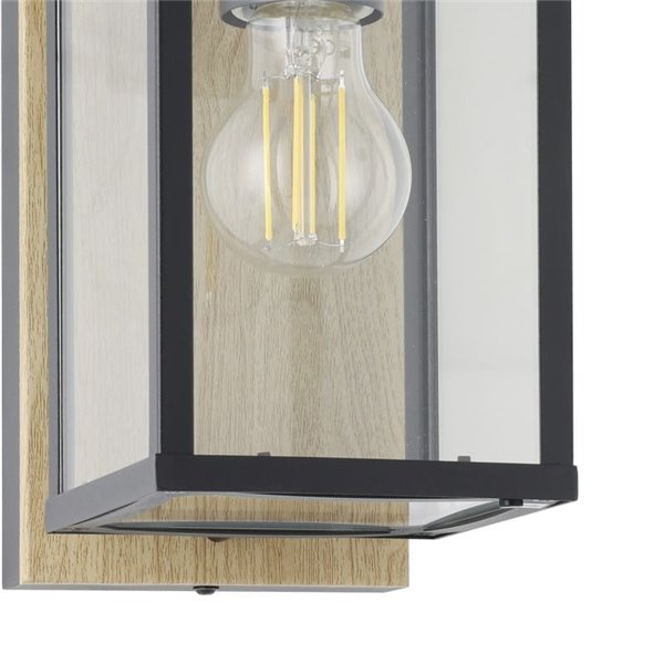 Aplique de pared exterior con base madera BUDRONE, carcasa de vidrio, E27, IP44