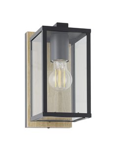 Luminária de parede externa BUDRONE com base de madeira, corpo de vidro, E27, IP44