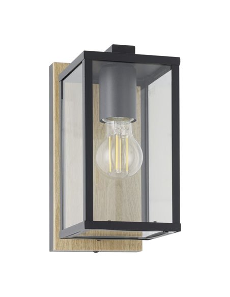 Aplique de pared exterior con base madera BUDRONE, carcasa de vidrio, E27, IP44