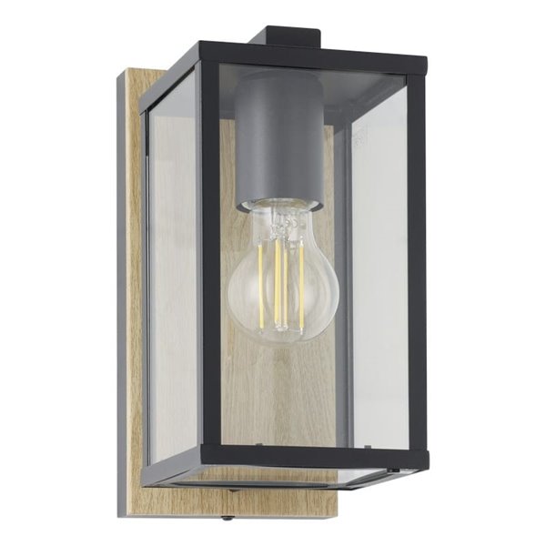 Aplique de pared exterior con base madera BUDRONE, carcasa de vidrio, E27, IP44