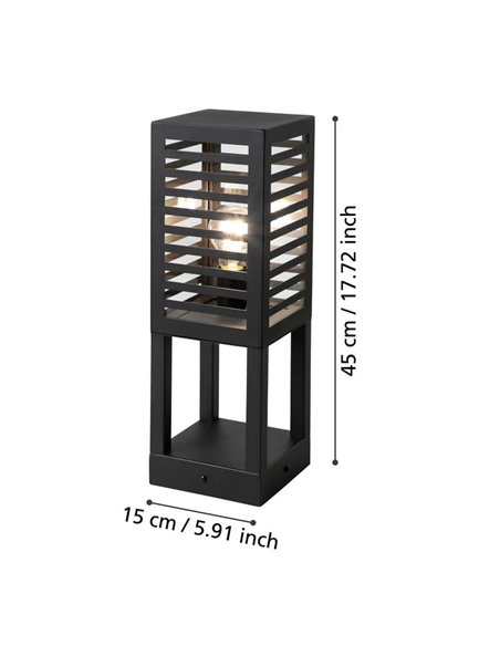 Baliza de zócalo exterior ALAMONTE 3, con estructura metal a rayas negro, E27, IP44