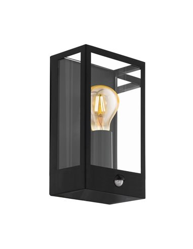 Aplique de pared con sensor de movimiento ALAMONTE, acero negro y vidrio, E27, IP44