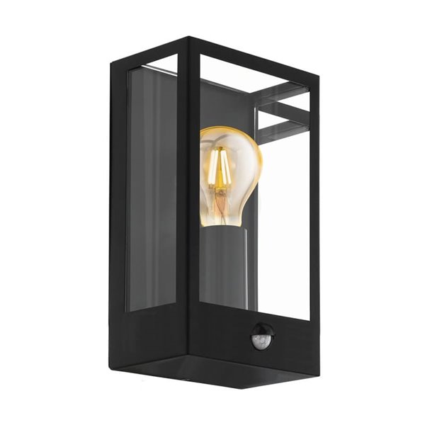 Aplique de pared con sensor de movimiento ALAMONTE, acero negro y vidrio, E27, IP44
