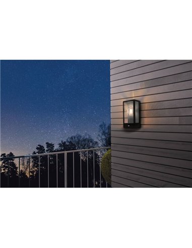 Aplique de pared con sensor de movimiento ALAMONTE, acero negro y vidrio, E27, IP44