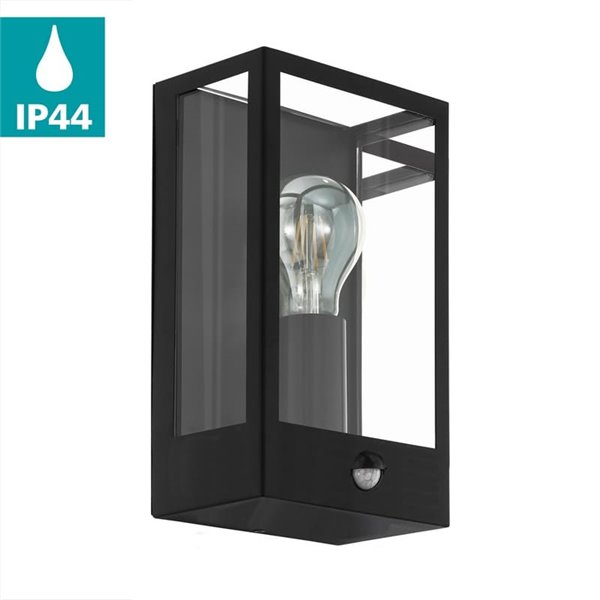Aplique de pared con sensor de movimiento ALAMONTE, acero negro y vidrio, E27, IP44
