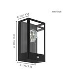 Aplique de pared con sensor de movimiento ALAMONTE, acero negro y vidrio, E27, IP44