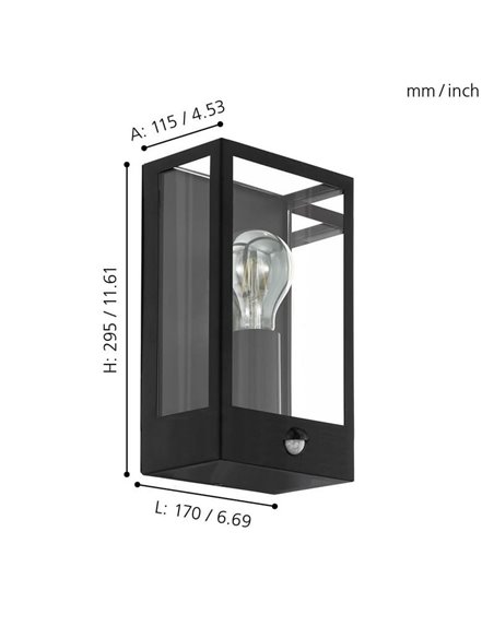 Aplique de pared con sensor de movimiento ALAMONTE, acero negro y vidrio, E27, IP44