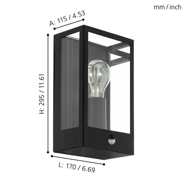 Aplique de pared con sensor de movimiento ALAMONTE, acero negro y vidrio, E27, IP44