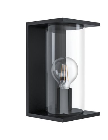 Luminária de parede externa CASCINETTA, estrutura de aço preto e caixa de vidro cilíndrica, E27, IP54