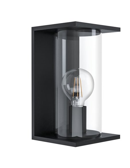 Luminária de parede externa CASCINETTA, estrutura de aço preto e caixa de vidro cilíndrica, E27, IP54