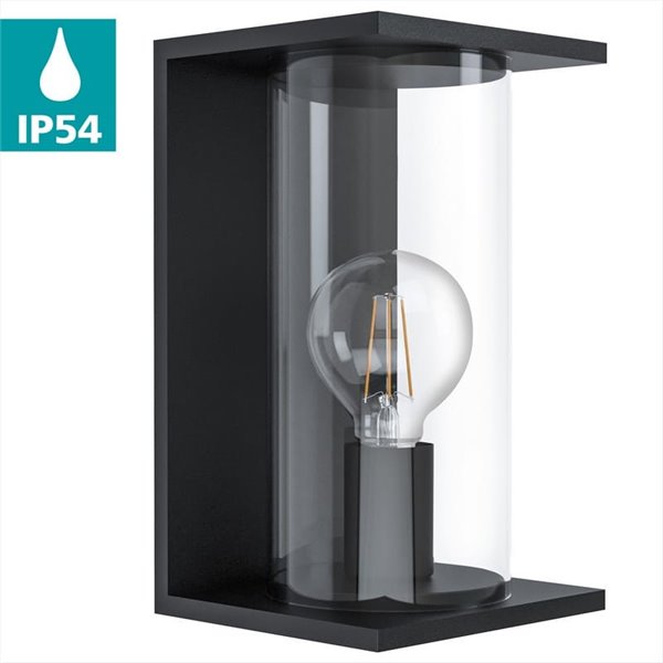 Aplique de exterior CASCINETTA, estrucura de acero negro y carcasa cilindrica de vidrio, E27, IP54
