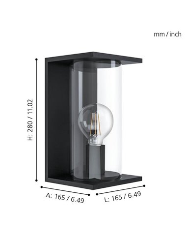 Aplique de exterior CASCINETTA, estrucura de acero negro y carcasa cilindrica de vidrio, E27, IP54