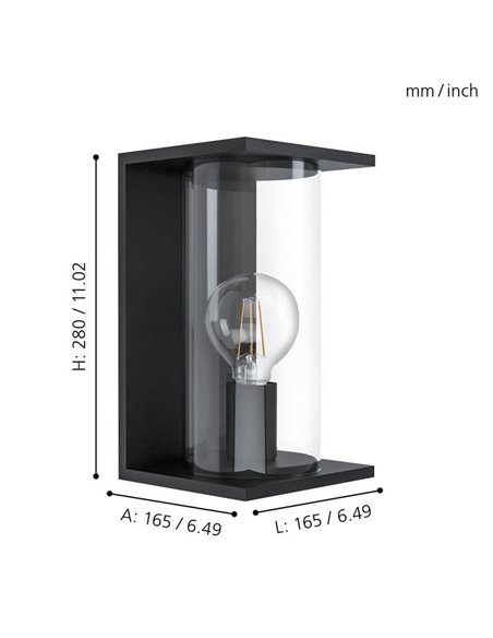 Luminária de parede externa CASCINETTA, estrutura de aço preto e caixa de vidro cilíndrica, E27, IP54