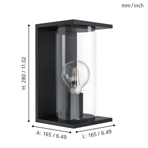 Aplique de exterior CASCINETTA, estrucura de acero negro y carcasa cilindrica de vidrio, E27, IP54
