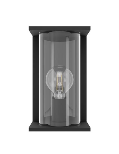 Luminária de parede externa CASCINETTA, estrutura de aço preto e caixa de vidro cilíndrica, E27, IP54