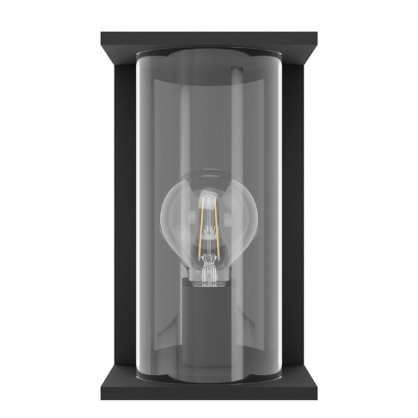 Luminária de parede externa CASCINETTA, estrutura de aço preto e caixa de vidro cilíndrica, E27, IP54