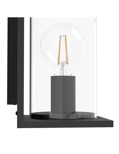 Luminária de parede externa CASCINETTA, estrutura de aço preto e caixa de vidro cilíndrica, E27, IP54