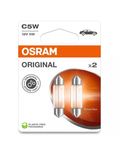 Pacote com 2 lâmpadas C5W OSRAM ORIGINAL 12V 5W SV8.5-8 para placa, interior ou posição 6418