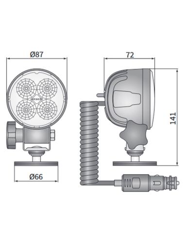 Medidas Faro LED redondo empuñadura 2000lm 35º 12-24V con Base Magnética, Cable Espiral 8 metros, Enchufe Mechero e Interruptor
