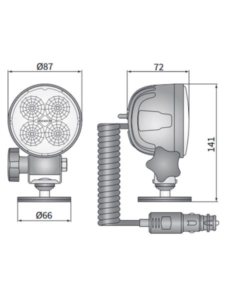 Medidas Faro LED redondo empuñadura 2000lm 35º 12-24V con Base Magnética, Cable Espiral 8 metros, Enchufe Mechero e Interruptor