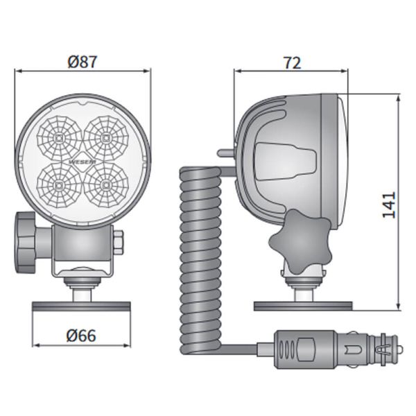 Medidas Faro LED redondo empuñadura 2000lm 35º 12-24V con Base Magnética, Cable Espiral 8 metros, Enchufe Mechero e Interruptor