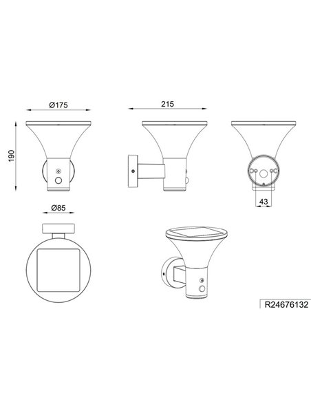 Luminária de parede LED solar regulável GORDA, sensor de movimento e escuridão, bateria recarregável 3,5 W 500 lm, 4000 K IP44