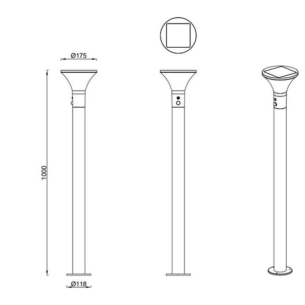Poteau solaire d'extérieur Gorda 100 cm avec détecteur de mouvement, batterie rechargeable 3,5 W, 500 lm, 4 000 K