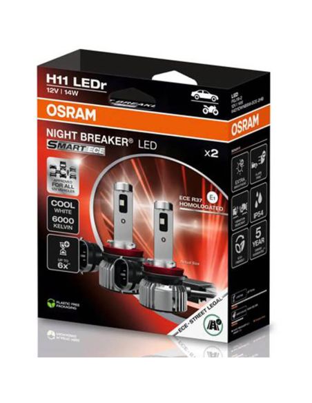 Kit de 2 lâmpadas LED H11 OSRAM NIGHT BREAKER SMART ECE 12V 6000K Branco Frio Aprovado 64211DWNBSM-ECE