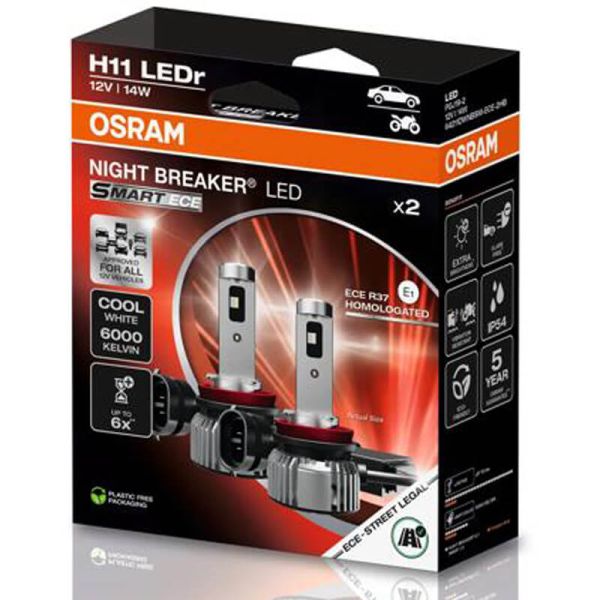 Kit com 2 lâmpadas LED OSRAM NIGHT BREAKER SMART H11, homologadas pela ECE, 12V, 6000K (branco frio), modelo 64211DWNBSM-ECE.
