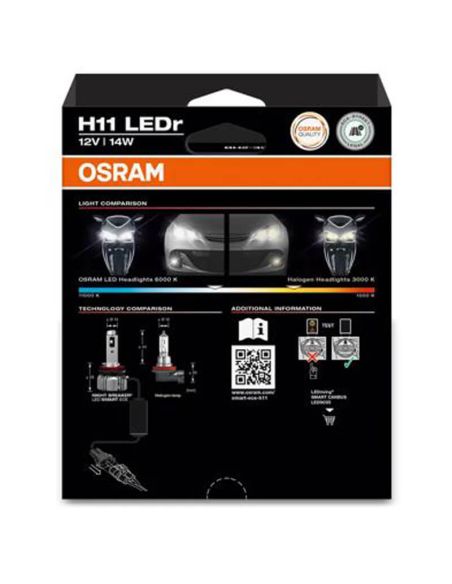 Kit com 2 lâmpadas LED inteligentes OSRAM NIGHT BREAKER H11, com certificação ECE, 12V, 6000K, branco frio.